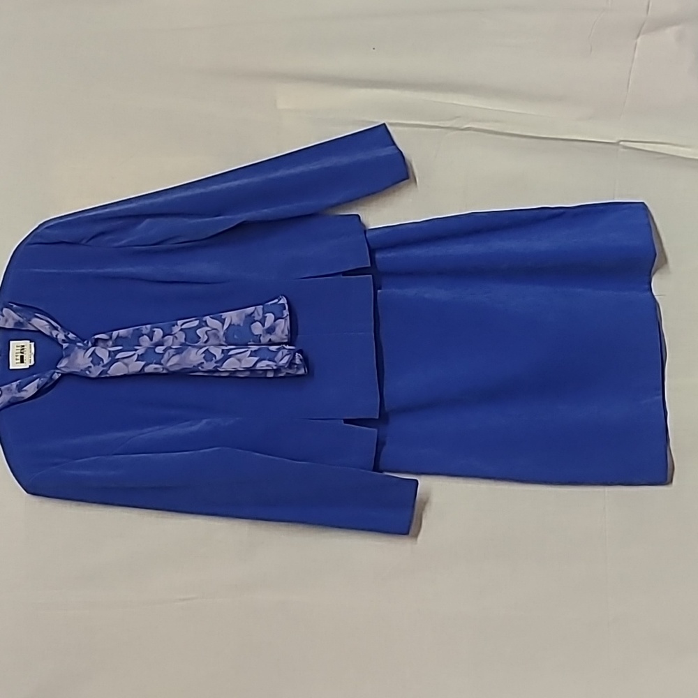 3-piece Co-ord Dress Set Royal Blue Ornate Buttons W Scarf 14 Leslie Fay Dresses